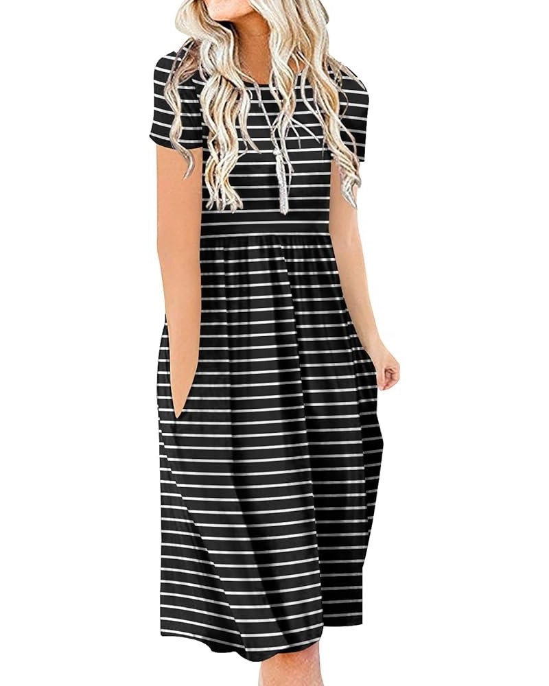 Women Casual Short Sleeve Dresses Empire Waist Knee Length Dress with Pockets Crewneck Stripe Black 03 $19.19 Dresses