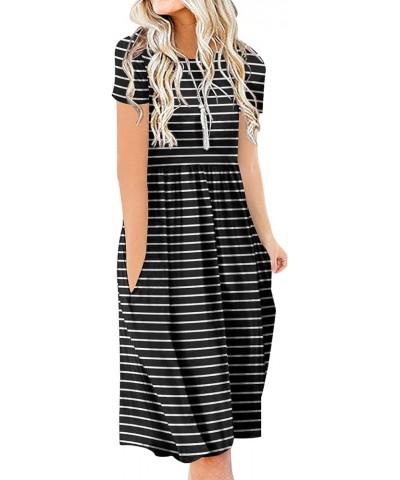 Women Casual Short Sleeve Dresses Empire Waist Knee Length Dress with Pockets Crewneck Stripe Black 03 $19.19 Dresses