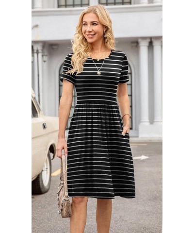 Women Casual Short Sleeve Dresses Empire Waist Knee Length Dress with Pockets Crewneck Stripe Black 03 $19.19 Dresses