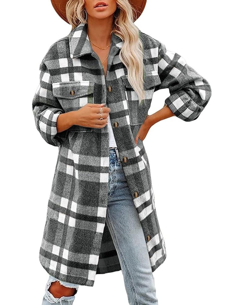 Women's Fashion Color Block Plaid Flannel Shacket Jacket Casual Long Sleeve Button Down Shirt Lounge Fall Coat Tops Gray,oran...