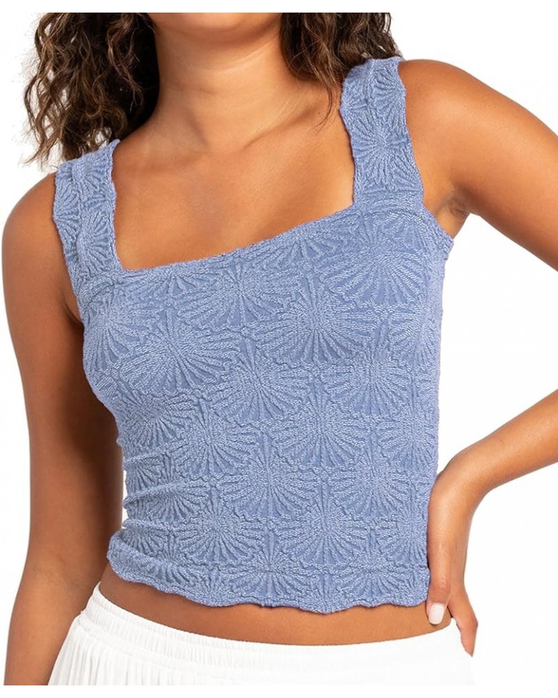 Women's Square Neck Wide Strap Crop Tank Tops Flower Embroidery Going Out Tops Slim Fit Lettuce Trim Crop Cami Tops Blue $11....