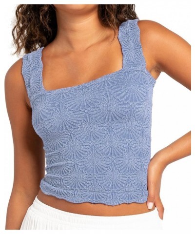 Women's Square Neck Wide Strap Crop Tank Tops Flower Embroidery Going Out Tops Slim Fit Lettuce Trim Crop Cami Tops Blue $11....