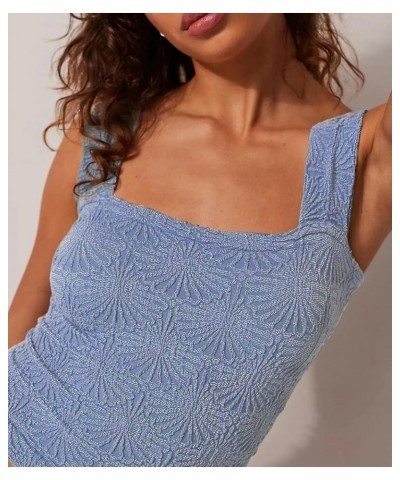 Women's Square Neck Wide Strap Crop Tank Tops Flower Embroidery Going Out Tops Slim Fit Lettuce Trim Crop Cami Tops Blue $11....