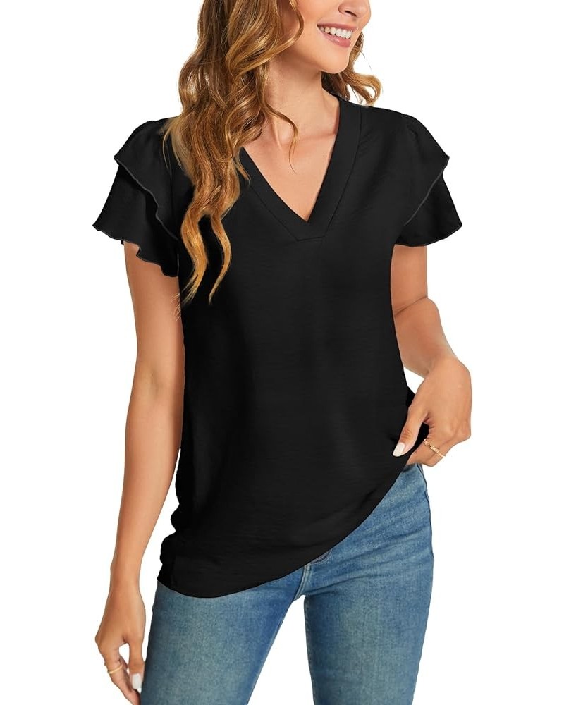 Womens Summer Casual Dressy Tops Ruffle Short Sleeve V Neck Blouses 2024 Trendy Shirts Black $10.79 Blouses