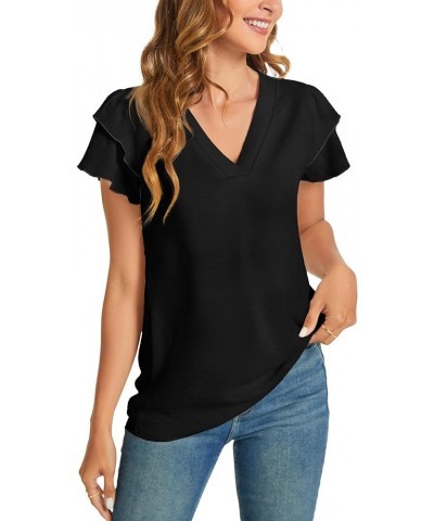 Womens Summer Casual Dressy Tops Ruffle Short Sleeve V Neck Blouses 2024 Trendy Shirts Black $10.79 Blouses