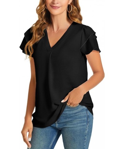 Womens Summer Casual Dressy Tops Ruffle Short Sleeve V Neck Blouses 2024 Trendy Shirts Black $10.79 Blouses