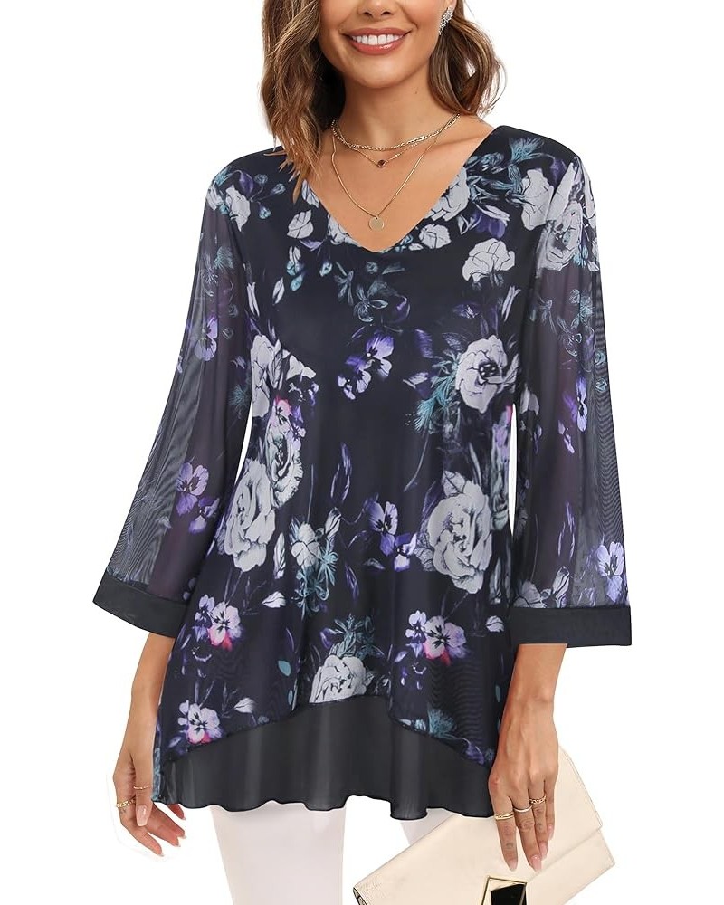 Women's 3/4 Sleeve Tunic Tops Asymmetrical Hem Dressy Casual Mesh Blouses 6-violet Floral-black $15.50 Tops