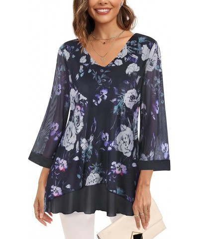 Women's 3/4 Sleeve Tunic Tops Asymmetrical Hem Dressy Casual Mesh Blouses 6-violet Floral-black $15.50 Tops