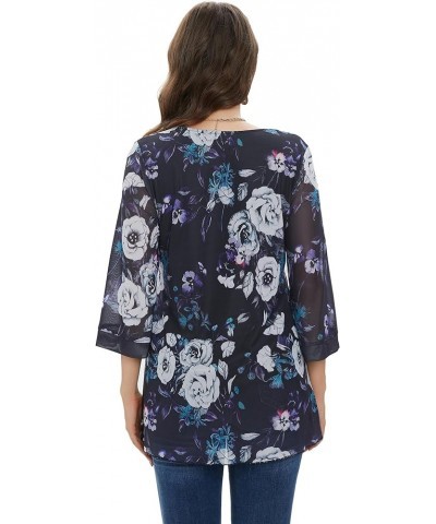 Women's 3/4 Sleeve Tunic Tops Asymmetrical Hem Dressy Casual Mesh Blouses 6-violet Floral-black $15.50 Tops