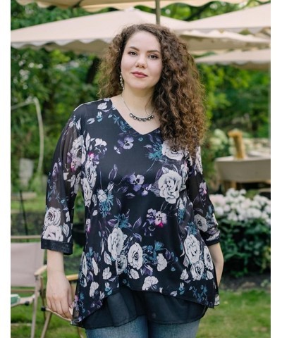 Women's 3/4 Sleeve Tunic Tops Asymmetrical Hem Dressy Casual Mesh Blouses 6-violet Floral-black $15.50 Tops