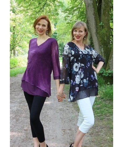 Women's 3/4 Sleeve Tunic Tops Asymmetrical Hem Dressy Casual Mesh Blouses 6-violet Floral-black $15.50 Tops