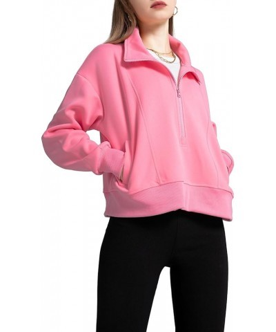 Women Half Zip Cropped Hoodies Sweatshirt Pullover Long Sleeve with Pockets Solid Color Fashion 2024 Pink $13.74 Hoodies & Sw...