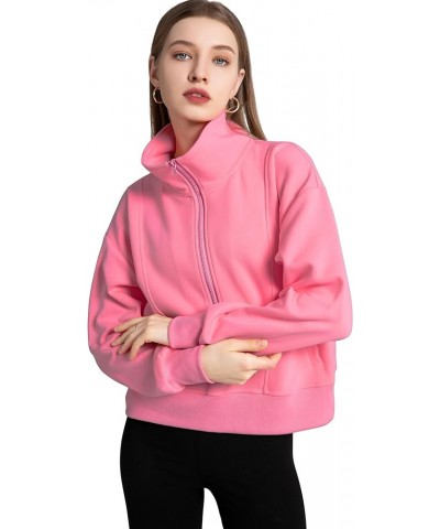 Women Half Zip Cropped Hoodies Sweatshirt Pullover Long Sleeve with Pockets Solid Color Fashion 2024 Pink $13.74 Hoodies & Sw...