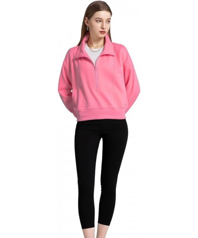 Women Half Zip Cropped Hoodies Sweatshirt Pullover Long Sleeve with Pockets Solid Color Fashion 2024 Pink $13.74 Hoodies & Sw...