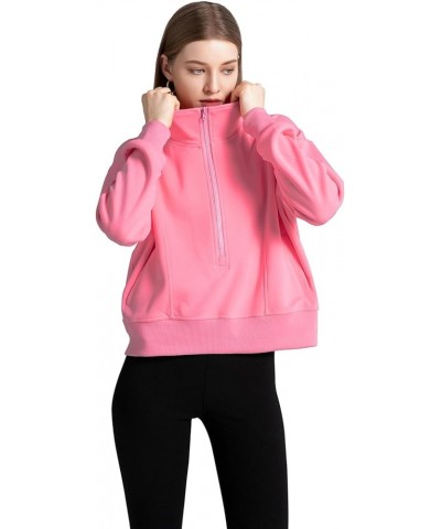 Women Half Zip Cropped Hoodies Sweatshirt Pullover Long Sleeve with Pockets Solid Color Fashion 2024 Pink $13.74 Hoodies & Sw...