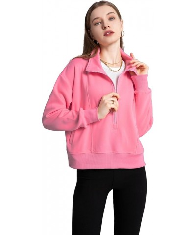 Women Half Zip Cropped Hoodies Sweatshirt Pullover Long Sleeve with Pockets Solid Color Fashion 2024 Pink $13.74 Hoodies & Sw...