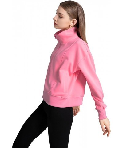 Women Half Zip Cropped Hoodies Sweatshirt Pullover Long Sleeve with Pockets Solid Color Fashion 2024 Pink $13.74 Hoodies & Sw...