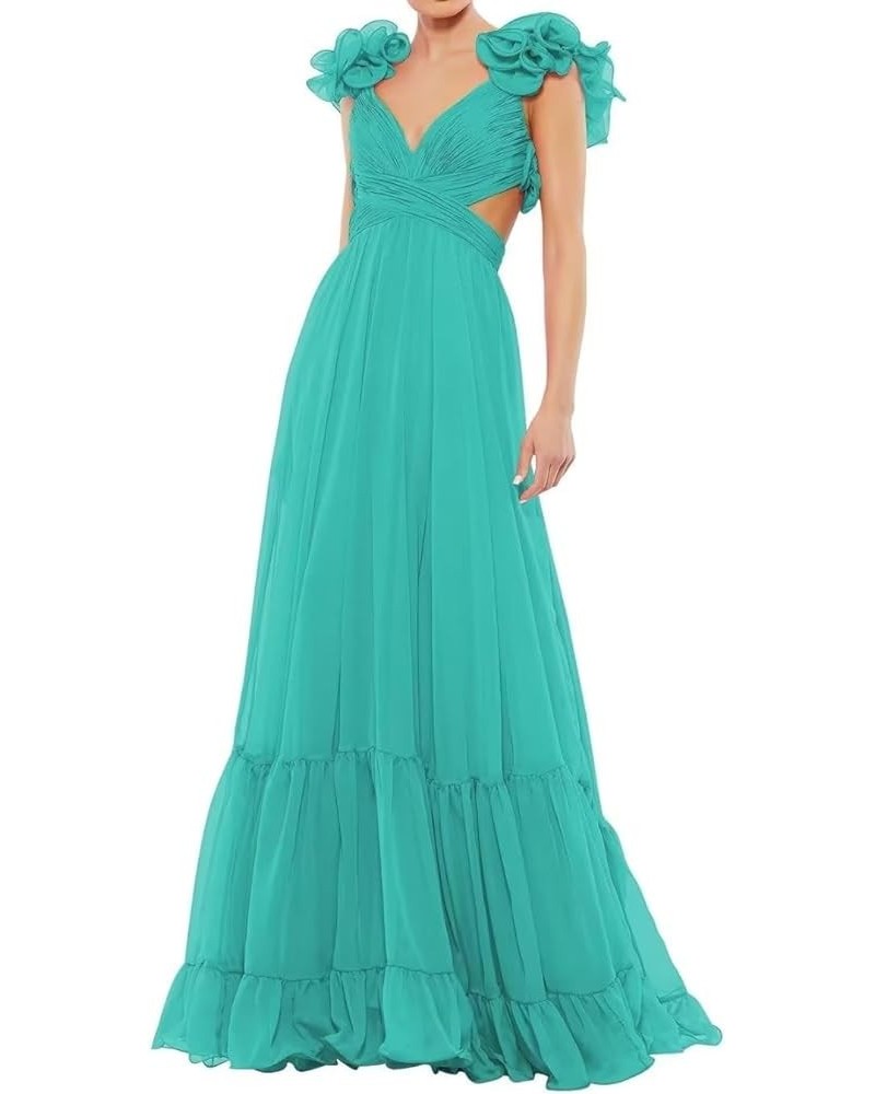 Women's Chiffon Ruffle Prom Dresses Ruched A Line Evening Formal Gowns Long V Neck Wedding Guest Dresses Turquoise $39.04 Dre...