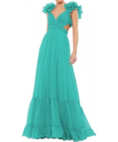 Women's Chiffon Ruffle Prom Dresses Ruched A Line Evening Formal Gowns Long V Neck Wedding Guest Dresses Turquoise $39.04 Dre...