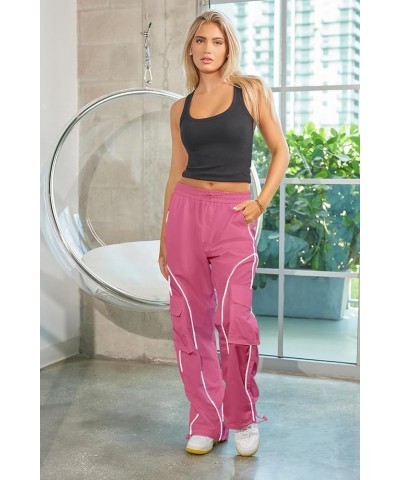 Parachute Pants for Women Y2K Baggy Cargo Pants with Pockets Trendy Wide Leg Trousers Pink $12.41 Pants