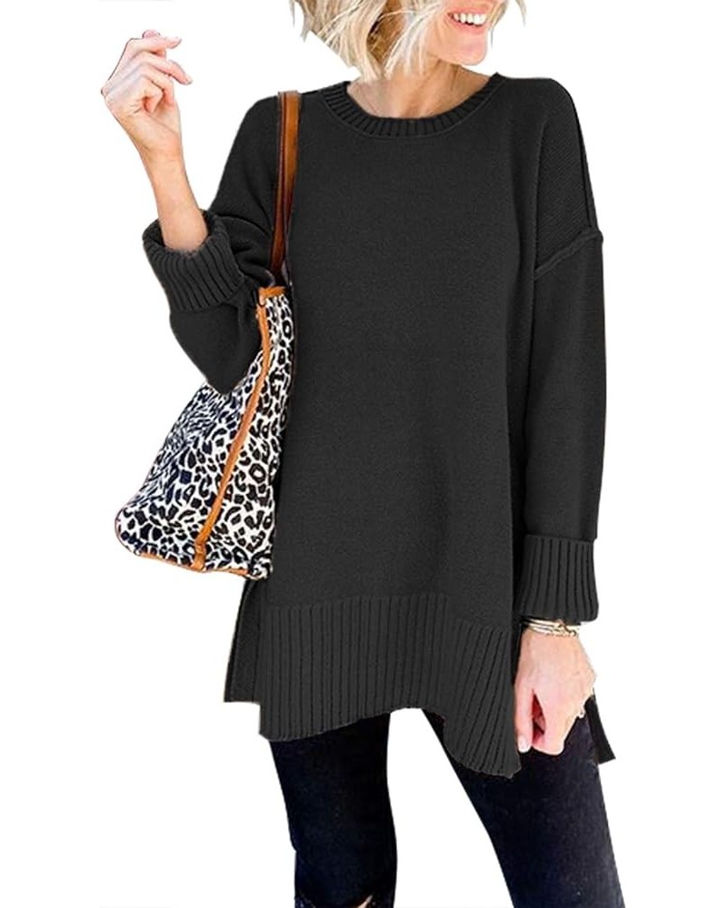 Women's Casual Crew Neck Side Split Pullover Sweater Loose Long Sleeve Jumper Top Black $20.40 Sweaters