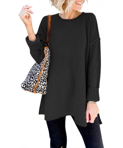 Women's Casual Crew Neck Side Split Pullover Sweater Loose Long Sleeve Jumper Top Black $20.40 Sweaters