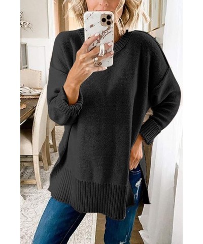 Women's Casual Crew Neck Side Split Pullover Sweater Loose Long Sleeve Jumper Top Black $20.40 Sweaters