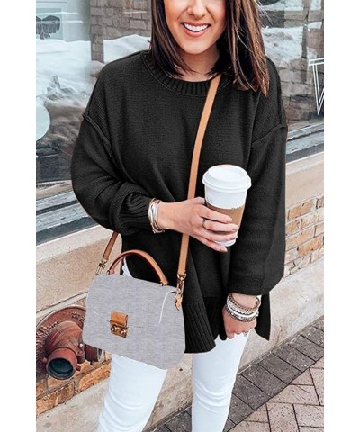 Women's Casual Crew Neck Side Split Pullover Sweater Loose Long Sleeve Jumper Top Black $20.40 Sweaters