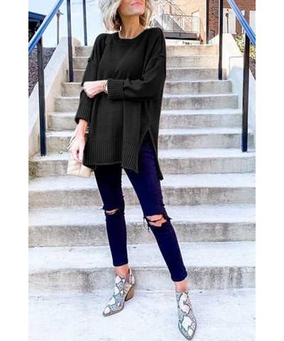 Women's Casual Crew Neck Side Split Pullover Sweater Loose Long Sleeve Jumper Top Black $20.40 Sweaters