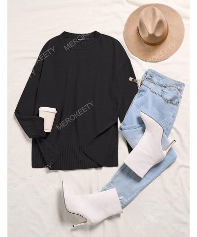 Women's Casual Crew Neck Side Split Pullover Sweater Loose Long Sleeve Jumper Top Black $20.40 Sweaters