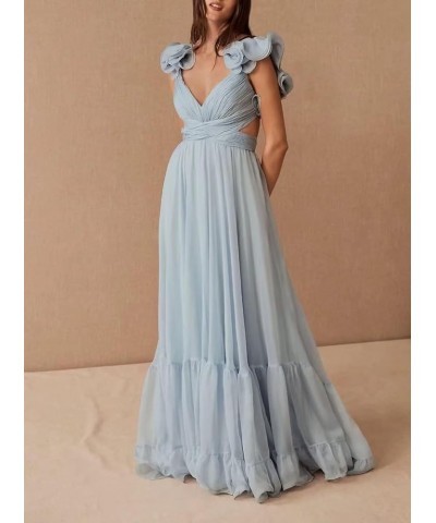 Women's Chiffon Ruffle Prom Dresses Ruched A Line Evening Formal Gowns Long V Neck Wedding Guest Dresses Turquoise $39.04 Dre...