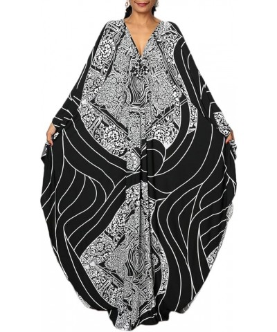 Women Ethnic Print Kaftan Beach Dress Plus Size Swimsuit Cover Up F- White Striped $18.35 Swimsuits