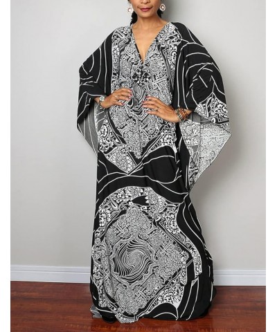 Women Ethnic Print Kaftan Beach Dress Plus Size Swimsuit Cover Up F- White Striped $18.35 Swimsuits