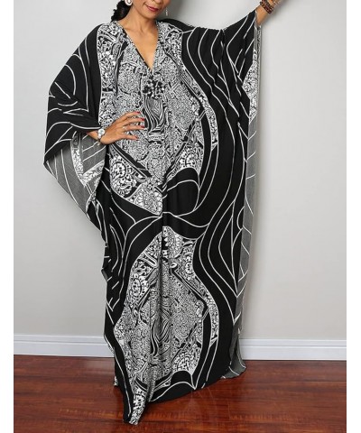 Women Ethnic Print Kaftan Beach Dress Plus Size Swimsuit Cover Up F- White Striped $18.35 Swimsuits