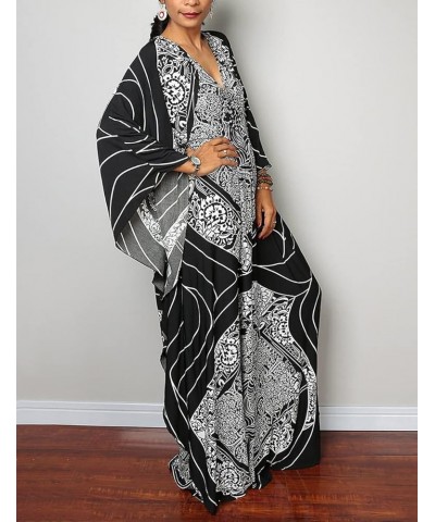 Women Ethnic Print Kaftan Beach Dress Plus Size Swimsuit Cover Up F- White Striped $18.35 Swimsuits