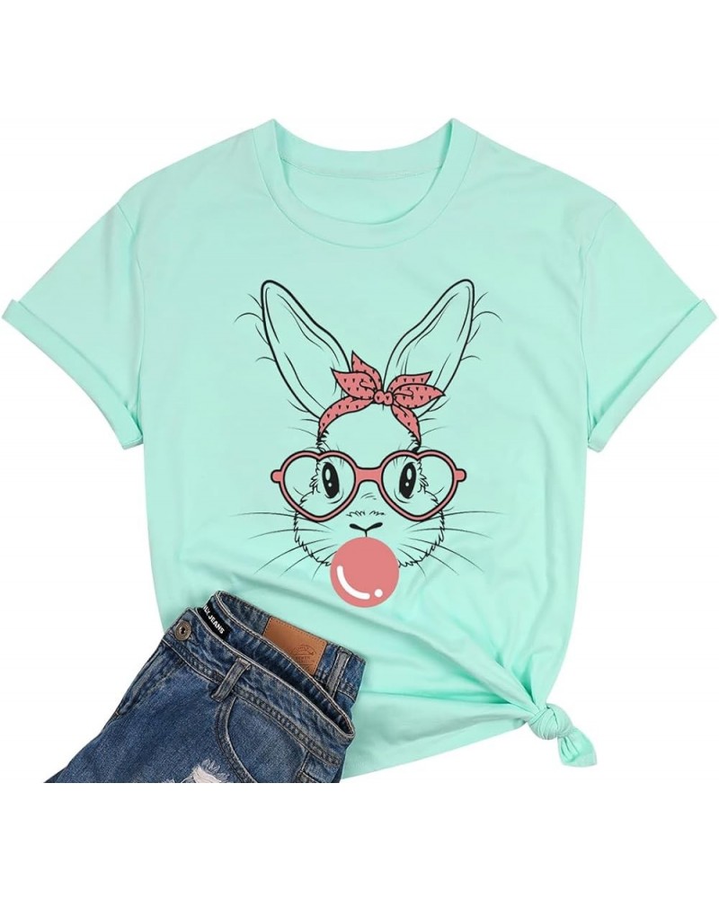 Bunny with Leopard Glasses T-Shirt for Women Cute Easter Bunny Graphic Tees Casual Short Sleeve Shirts Tops Green2 $8.80 T-Sh...