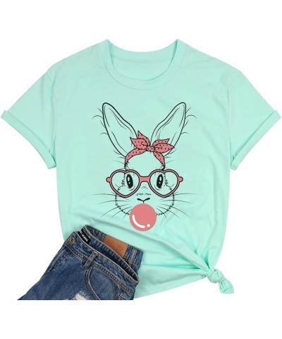 Bunny with Leopard Glasses T-Shirt for Women Cute Easter Bunny Graphic Tees Casual Short Sleeve Shirts Tops Green2 $8.80 T-Sh...