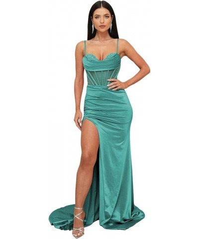 Cowl Neck Prom Dresses Long Spaghetti Straps Illusion Mermaid Corset Formal Evening Gown with Slit Turquoise $29.25 Dresses