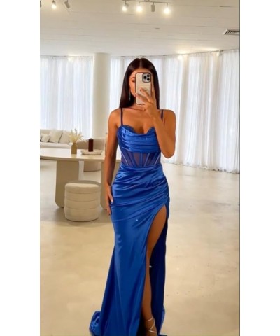 Cowl Neck Prom Dresses Long Spaghetti Straps Illusion Mermaid Corset Formal Evening Gown with Slit Turquoise $29.25 Dresses