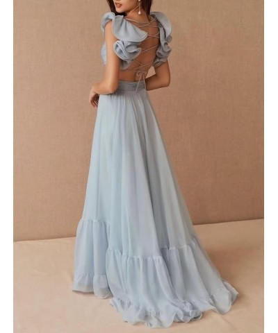 Women's Chiffon Ruffle Prom Dresses Ruched A Line Evening Formal Gowns Long V Neck Wedding Guest Dresses Turquoise $39.04 Dre...