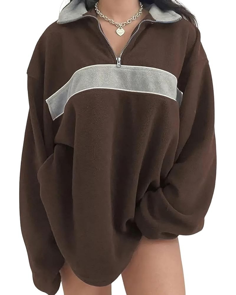 Women's Fall Half Zip Oversized Sweatshirt Fleece Contrast Color Casual Boyfriend Y2K Hoodie Brown $14.96 Hoodies & Sweatshirts