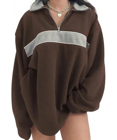 Women's Fall Half Zip Oversized Sweatshirt Fleece Contrast Color Casual Boyfriend Y2K Hoodie Brown $14.96 Hoodies & Sweatshirts