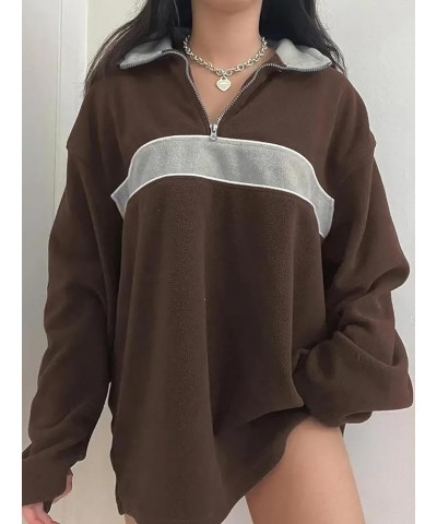 Women's Fall Half Zip Oversized Sweatshirt Fleece Contrast Color Casual Boyfriend Y2K Hoodie Brown $14.96 Hoodies & Sweatshirts