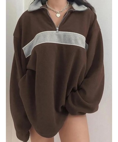 Women's Fall Half Zip Oversized Sweatshirt Fleece Contrast Color Casual Boyfriend Y2K Hoodie Brown $14.96 Hoodies & Sweatshirts