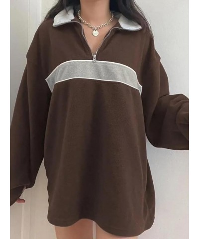 Women's Fall Half Zip Oversized Sweatshirt Fleece Contrast Color Casual Boyfriend Y2K Hoodie Brown $14.96 Hoodies & Sweatshirts