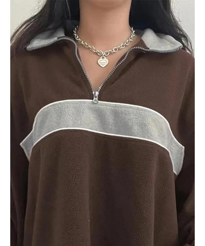 Women's Fall Half Zip Oversized Sweatshirt Fleece Contrast Color Casual Boyfriend Y2K Hoodie Brown $14.96 Hoodies & Sweatshirts