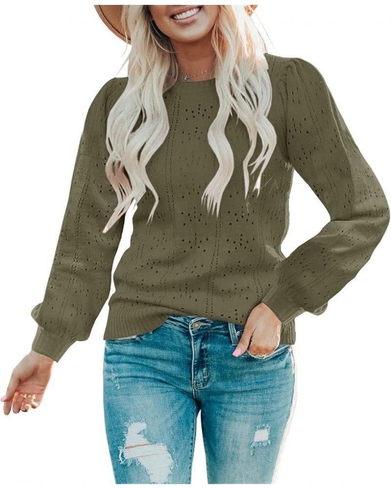 Womens Fall Puff Long Sleeve Pullover Sweaters Tops Soft Dot Crew Neck Shirt Lightweight Hollow Out Knit Sweater Army Green $...