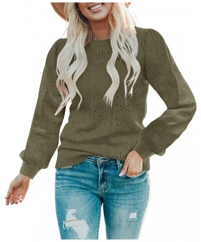 Womens Fall Puff Long Sleeve Pullover Sweaters Tops Soft Dot Crew Neck Shirt Lightweight Hollow Out Knit Sweater Army Green $...