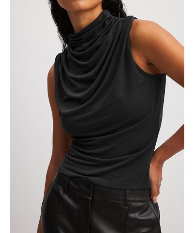 Womens Sleeveless Tank Tops Slim Fitted Mock Neck Draped Stretchy Summer Casual Ruched Tops Black $10.25 Tanks