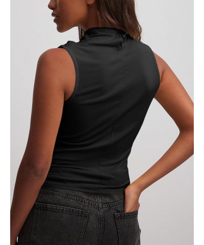 Womens Sleeveless Tank Tops Slim Fitted Mock Neck Draped Stretchy Summer Casual Ruched Tops Black $10.25 Tanks